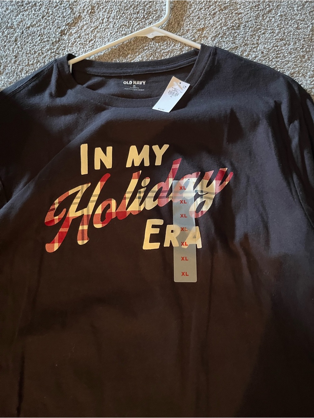 Old Navy Black Short Sleeve Tee with Plaid Christmas Holiday Script